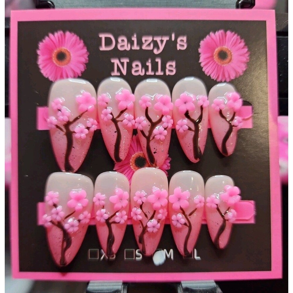 Medium Size Press-on Nail 10Pc Set Handmade Almond Cherry Blossom 2.5 Cm Length